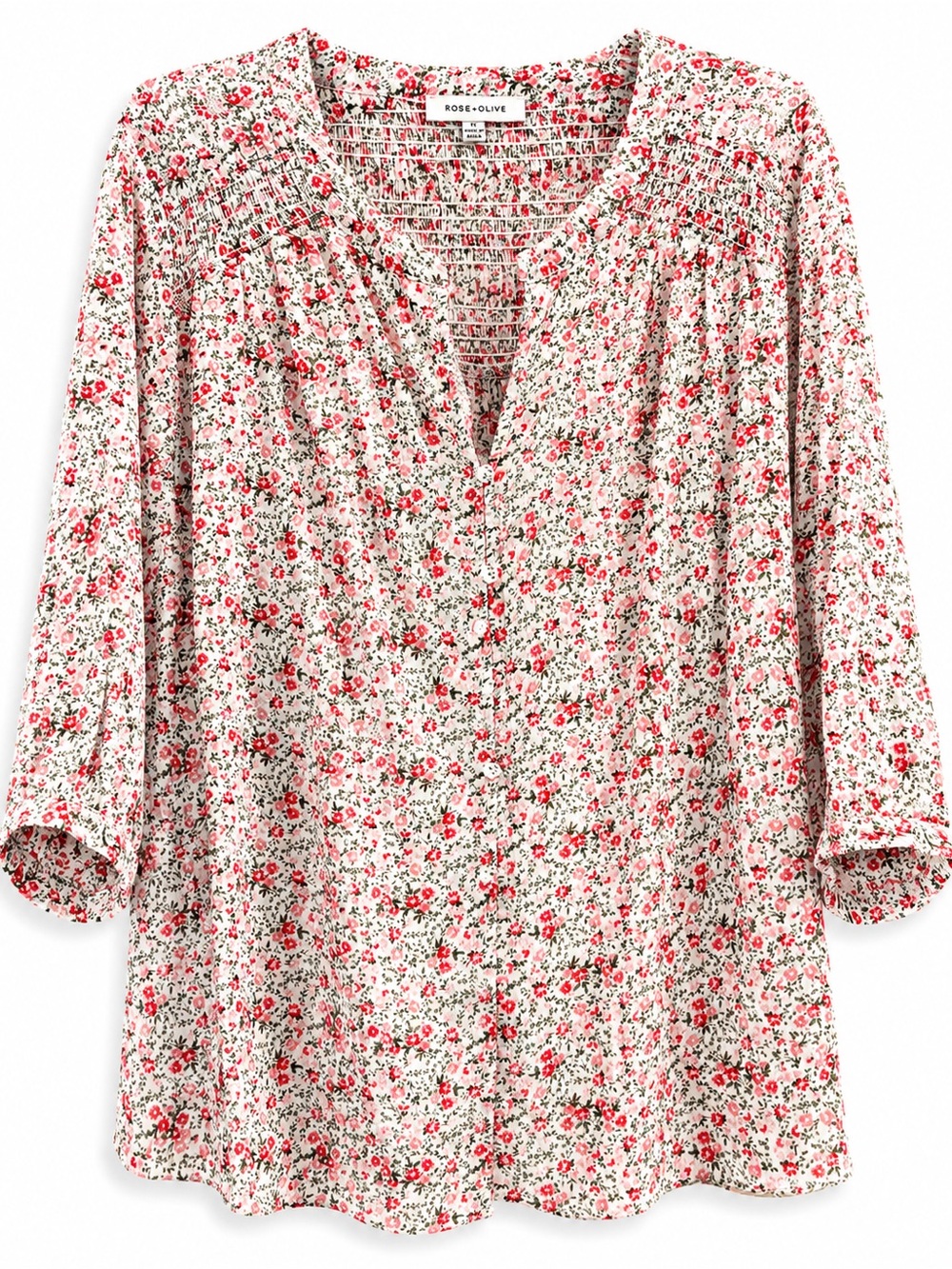Rose + Olive Floral Smocked Peasant Blouse 1X Cottagecore Boho Top Pink